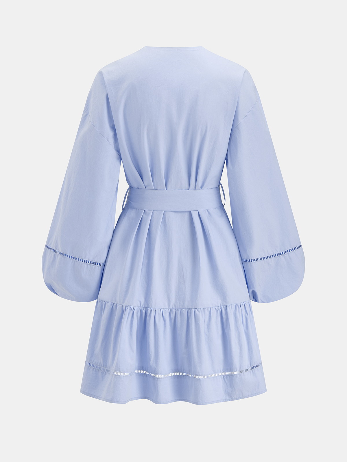 Cotton V-Neck Lantern Sleeve Belted Mini Dress
