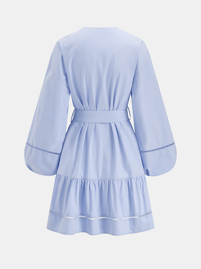 Cotton V-Neck Lantern Sleeve Belted Mini Dress