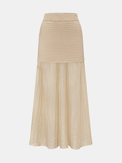 High Waist Patchwork Pleated Midi Skirt