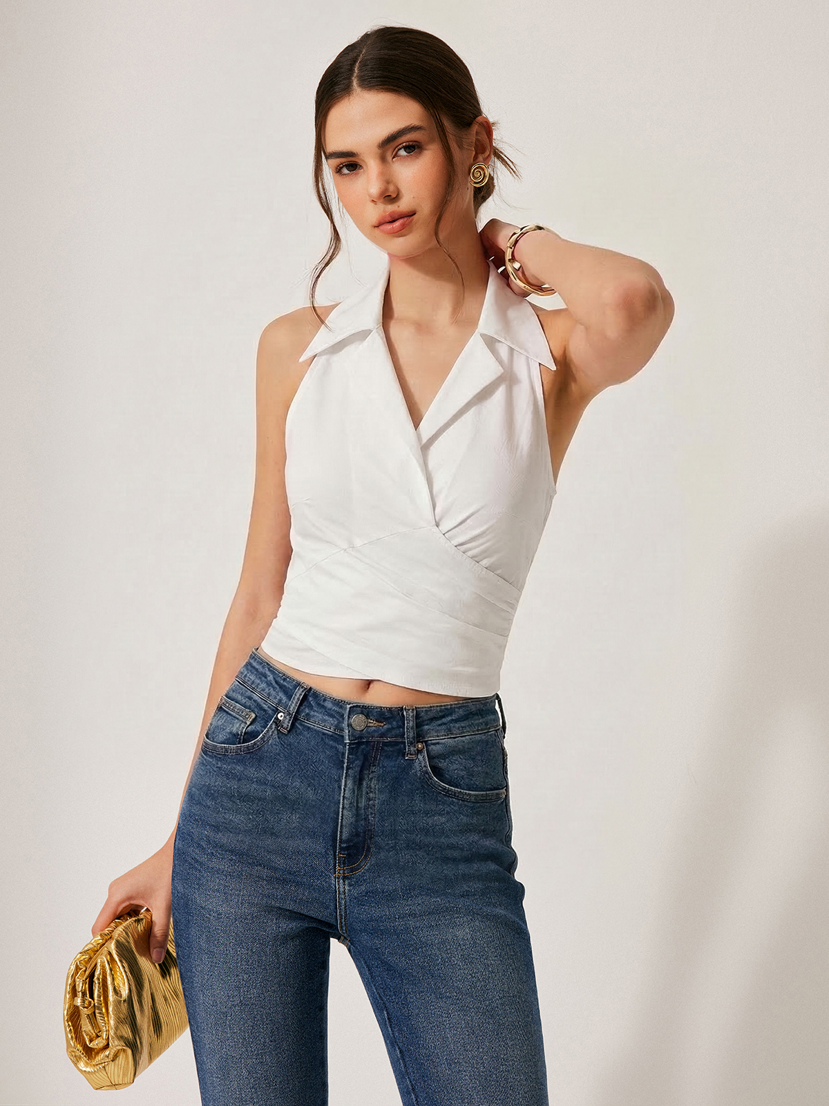 Collared Sleeveless Knotted Cropped Blouse