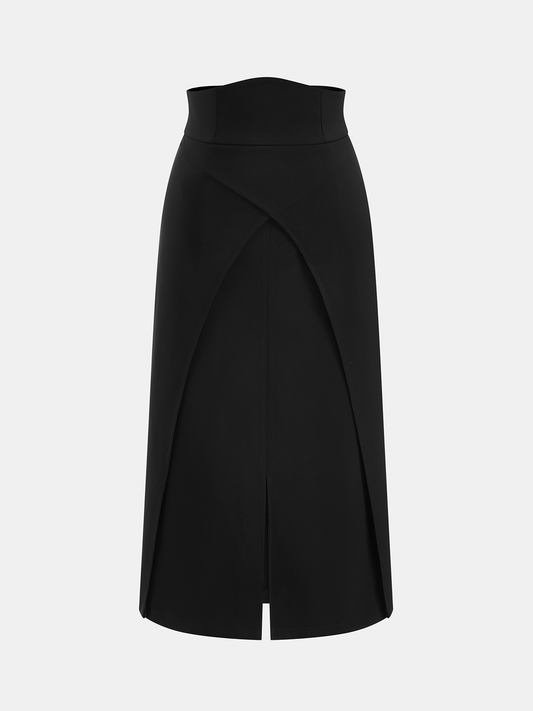 High-Waist Overlap Split Midi Skirt