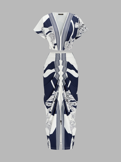 Printed V-Neck Top & Ruched Midi Skirt Set