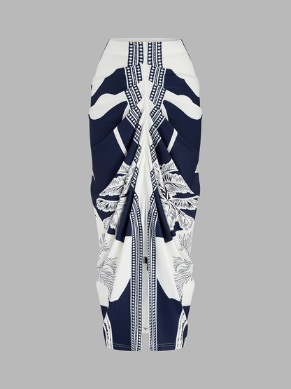 Printed V-Neck Top & Ruched Midi Skirt Set