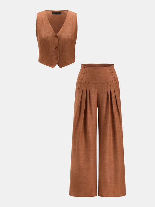 Buttoned Vest & Pleated Wide Leg Pants Set