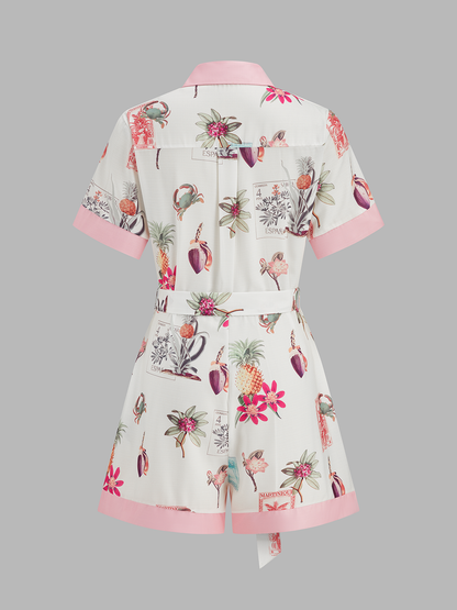 Cotton Linen Tropical Print Belted Romper