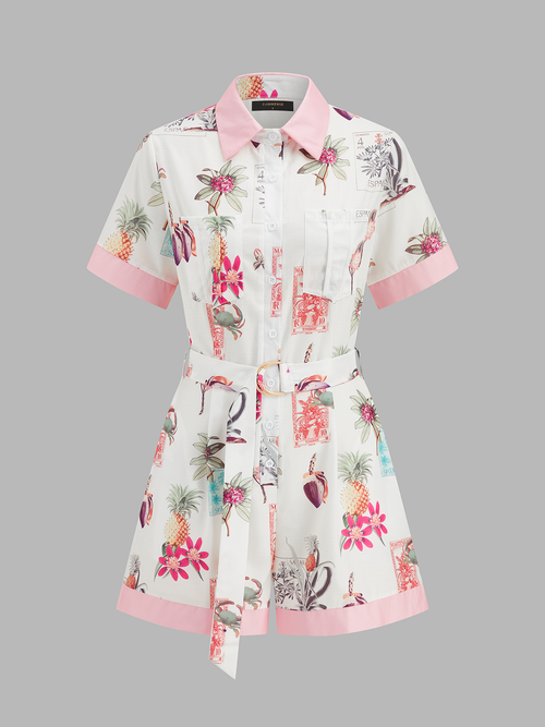Cotton Linen Tropical Print Belted Romper
