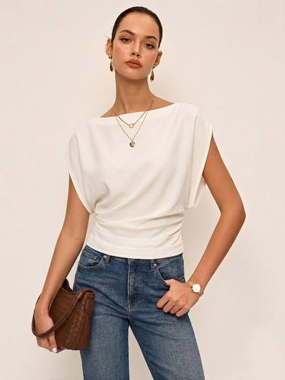 Ruched Cinched Waist Boat Neck Blouse