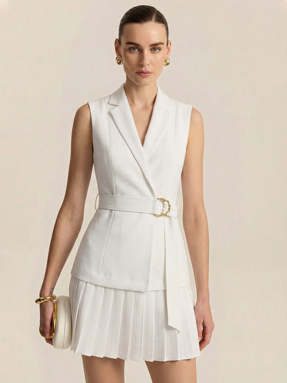 Belted Pleated Sleeveless Blazer Mini Dress