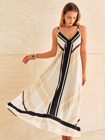 Satin Geometric Stripe Cami Maxi Dress