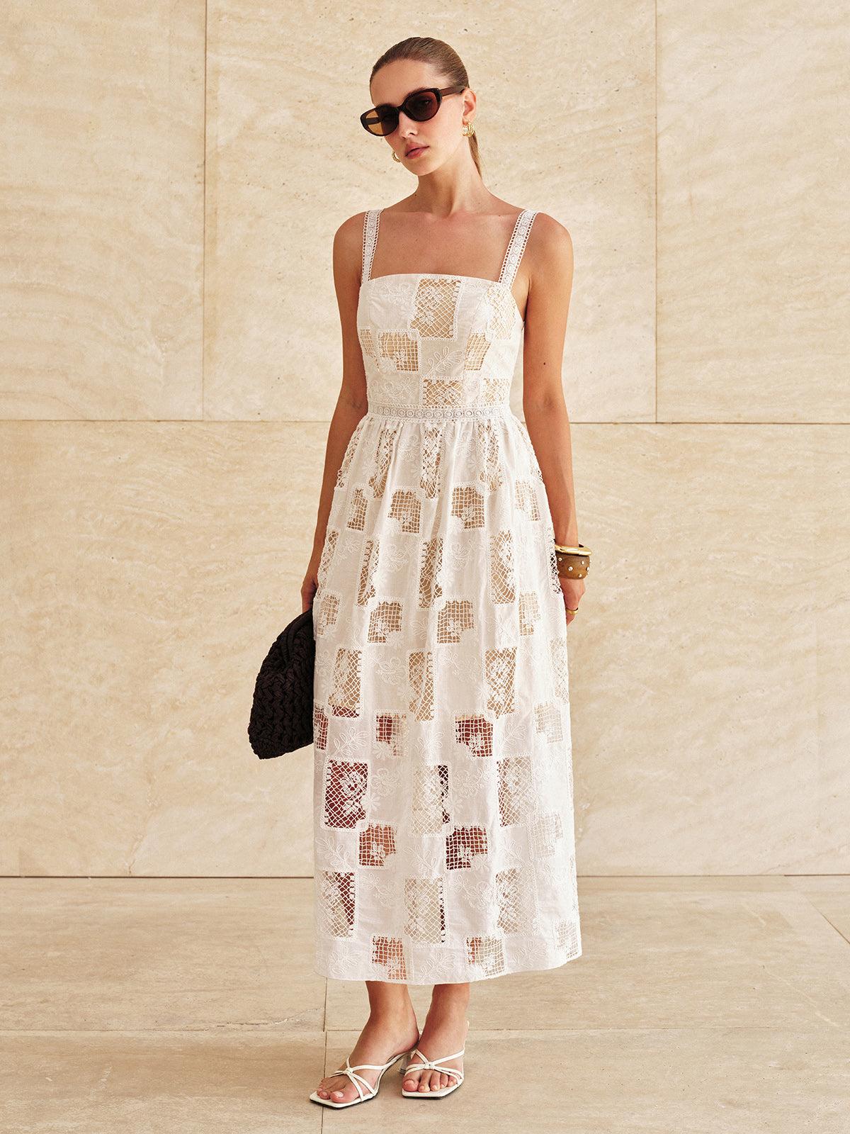 Cotton Patchwork Lace Embroidered Maxi Dress