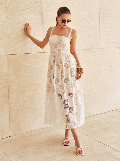 Cotton Patchwork Lace Embroidered Maxi Dress