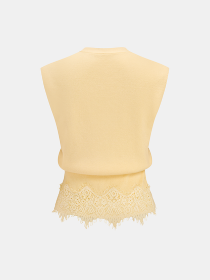 V-Neck Lace Trim Metal Button Knit Vest