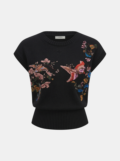 Embroidered Floral Bird Knit Vest