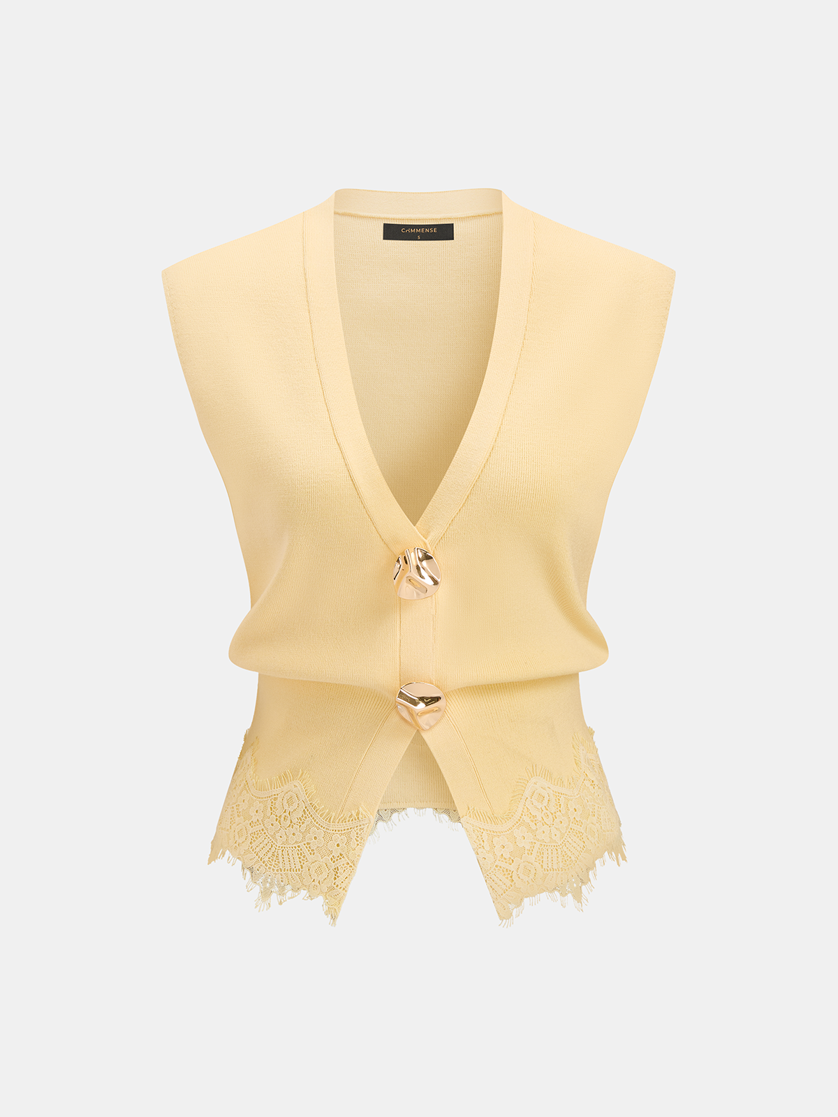 V-Neck Lace Trim Metal Button Knit Vest