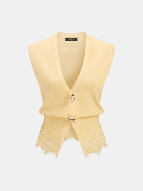 V-Neck Lace Trim Metal Button Knit Vest