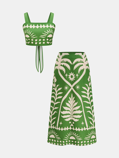 Tropical Print Tie-Back Cami Top & Midi Skirt Set