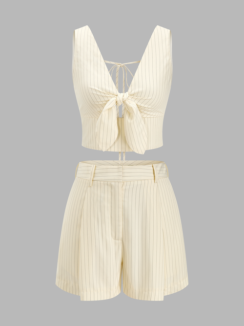 Striped Tie-Front Cropped Top & Shorts Set