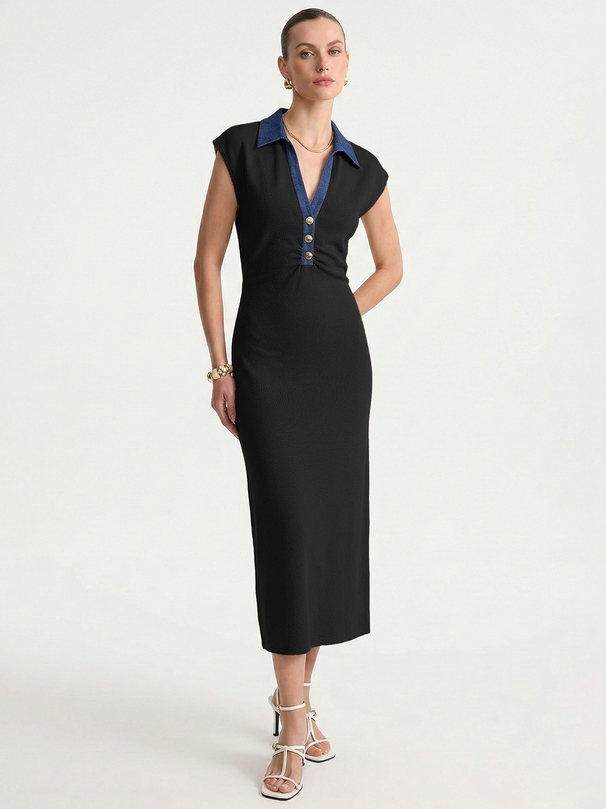 Denim Collar Sleeveless Maxi Dress