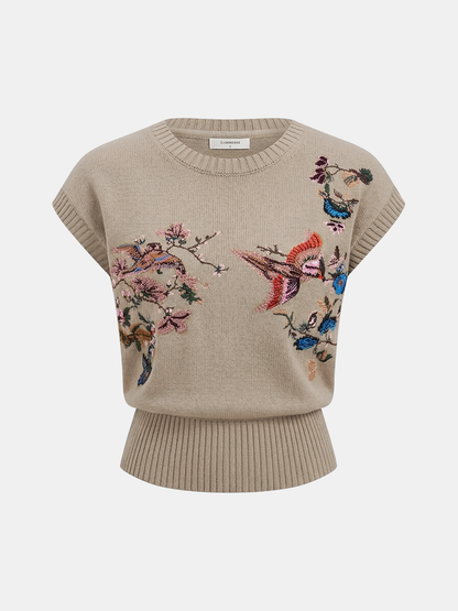 Embroidered Floral Bird Knit Vest