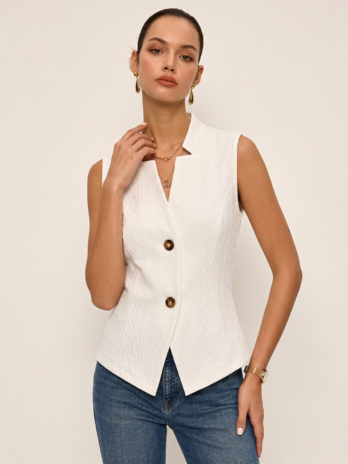 Textured Stand Collar Button Front Vest