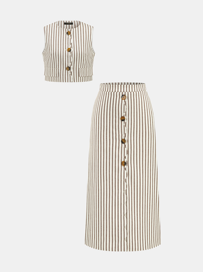 Cotton Striped Sleeveless Top & Midi Skirt Set