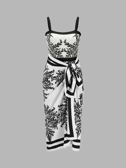 Baroque Print One-Piece Swimsuit & Sarong Set