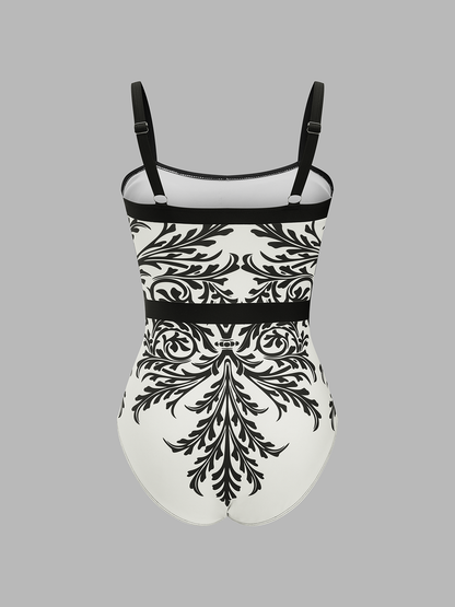 Baroque Print One-Piece Swimsuit & Sarong Set