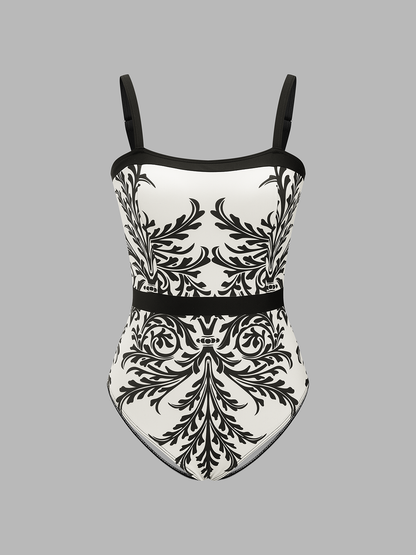 Baroque Print One-Piece Swimsuit & Sarong Set