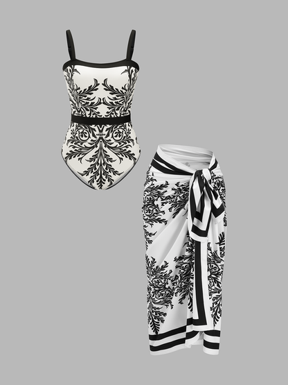 Baroque Print One-Piece Swimsuit & Sarong Set