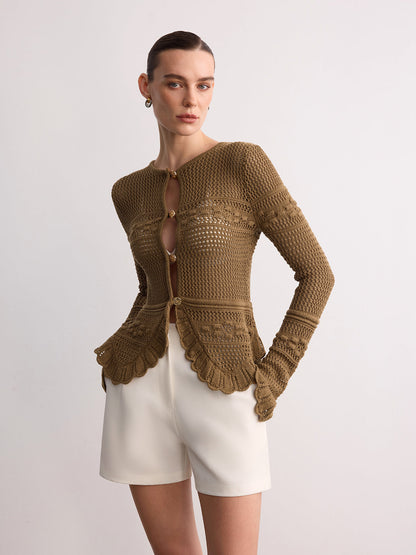 Crochet Knit Scalloped Hem Long Sleeve Cardigan