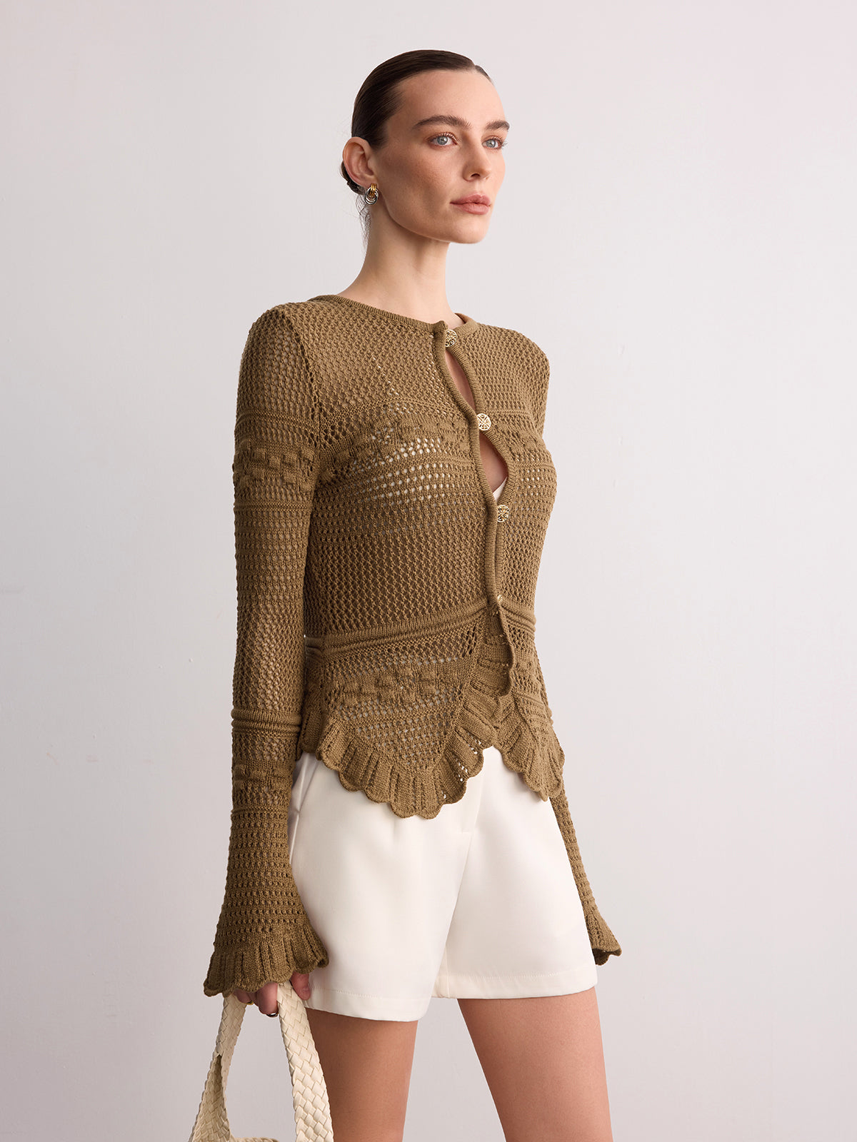 Crochet Knit Scalloped Hem Long Sleeve Cardigan