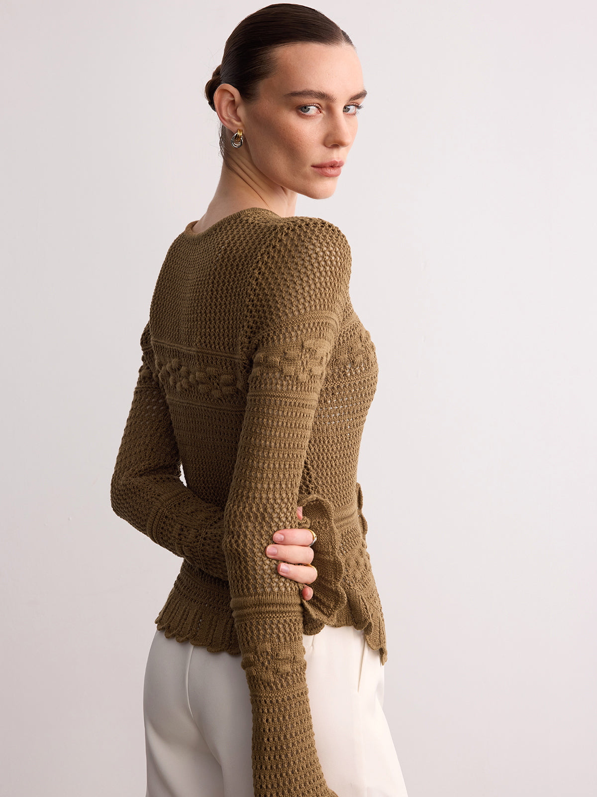 Crochet Knit Scalloped Hem Long Sleeve Cardigan