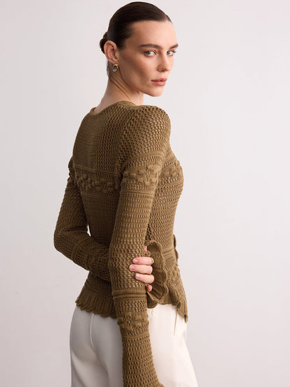 Crochet Knit Scalloped Hem Long Sleeve Cardigan