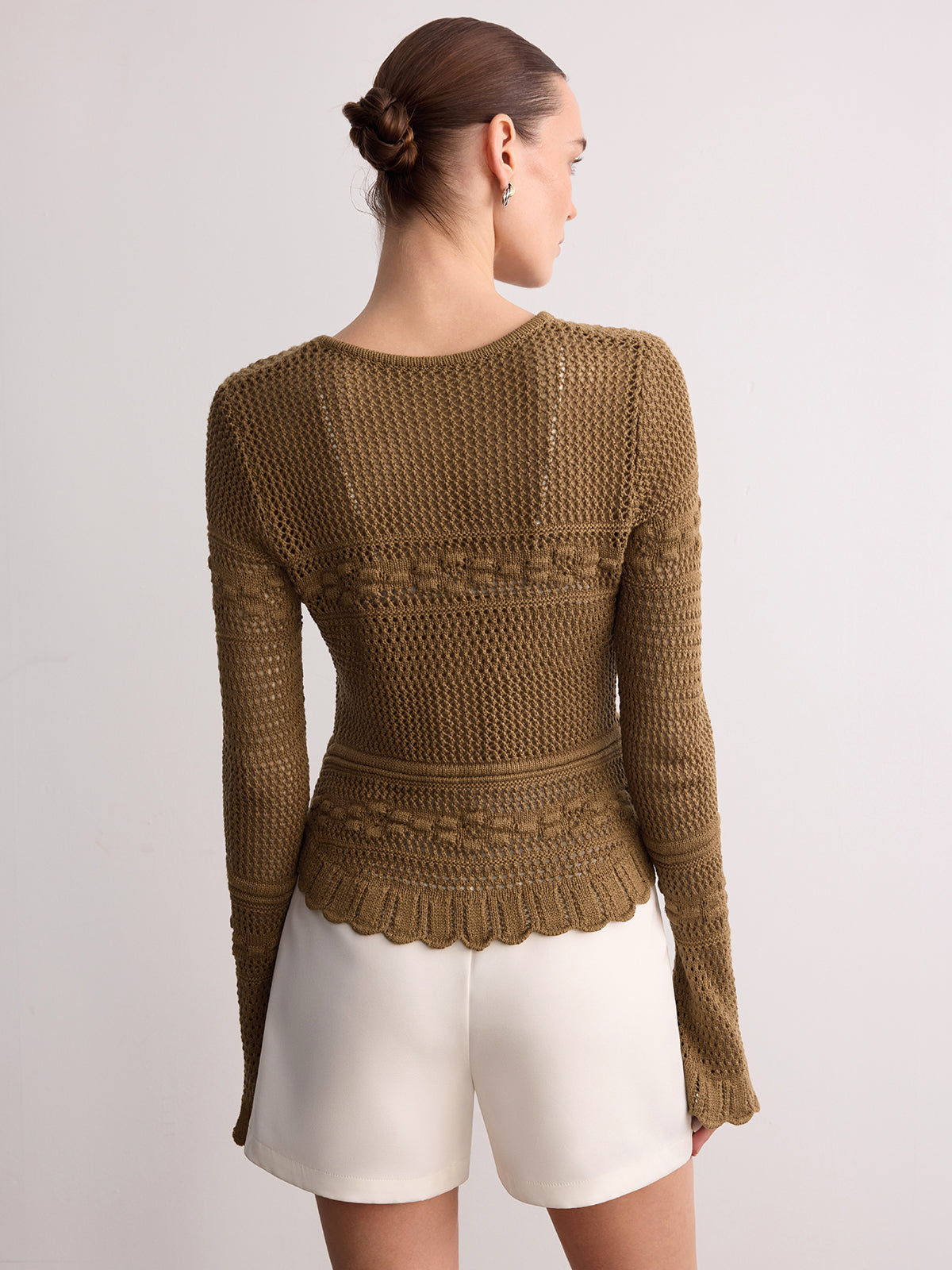 Crochet Knit Scalloped Hem Long Sleeve Cardigan