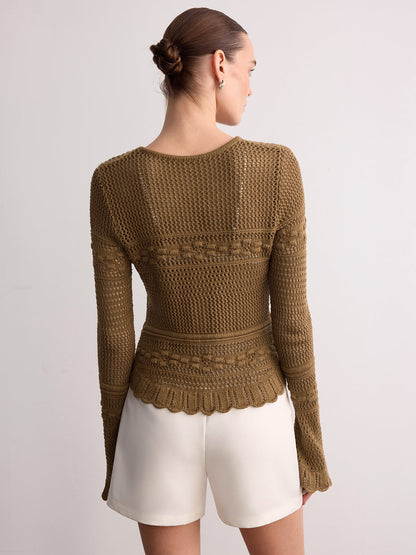 Crochet Knit Scalloped Hem Long Sleeve Cardigan