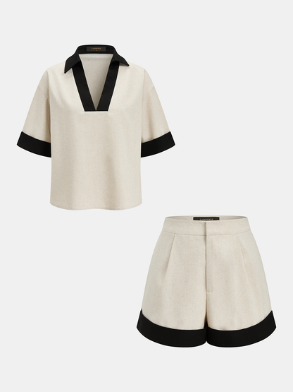 Contrast Trim Cotton Linen Top & Shorts Set