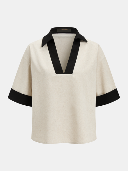 Contrast Trim Cotton Linen Top & Shorts Set