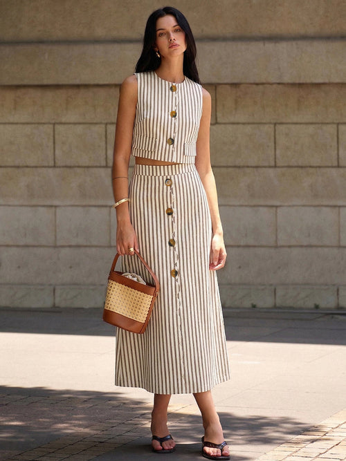 Cotton Striped Sleeveless Top & Midi Skirt Set