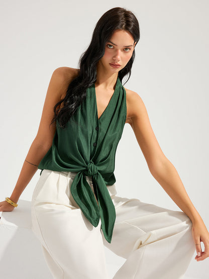 V-Neck Tie-Front Sleeveless Top