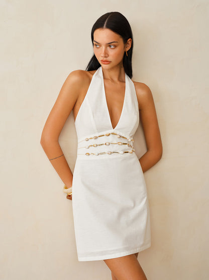 Cotton Linen Halter Shell Waist Mini Dress