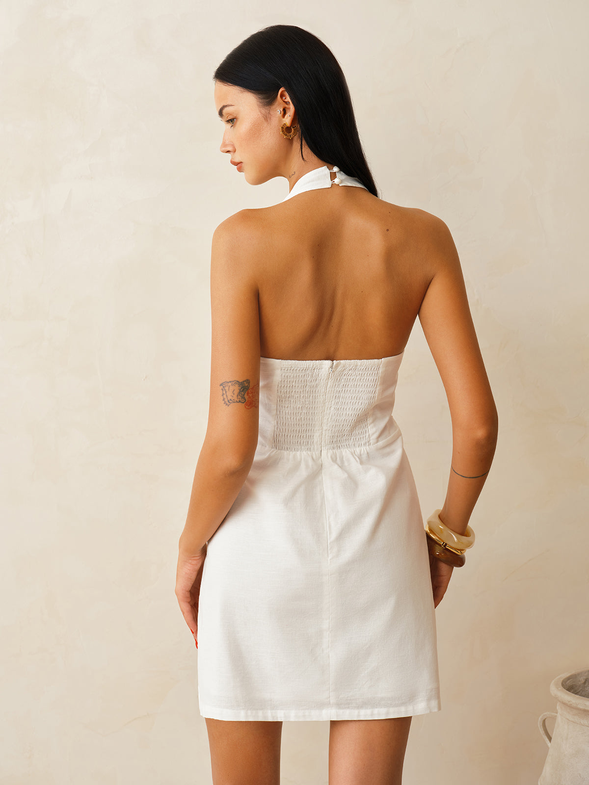 Cotton Linen Halter Shell Waist Mini Dress