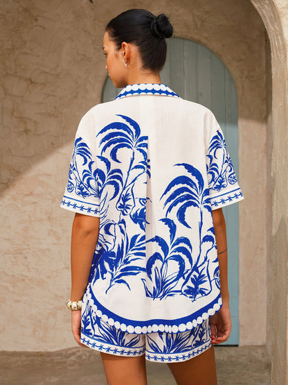 Palm Tree Print Shirt & Drawstring Shorts Set