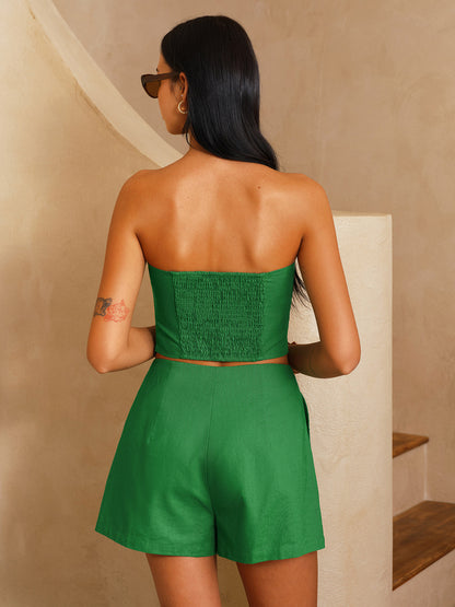 Cotton Linen Strapless Top & Shorts Set