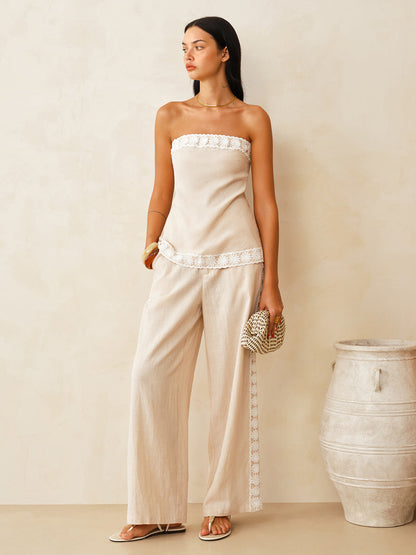 Linen Blend Lace Trim Top & Pants Set