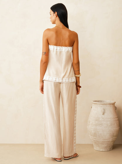 Linen Blend Lace Trim Top & Pants Set