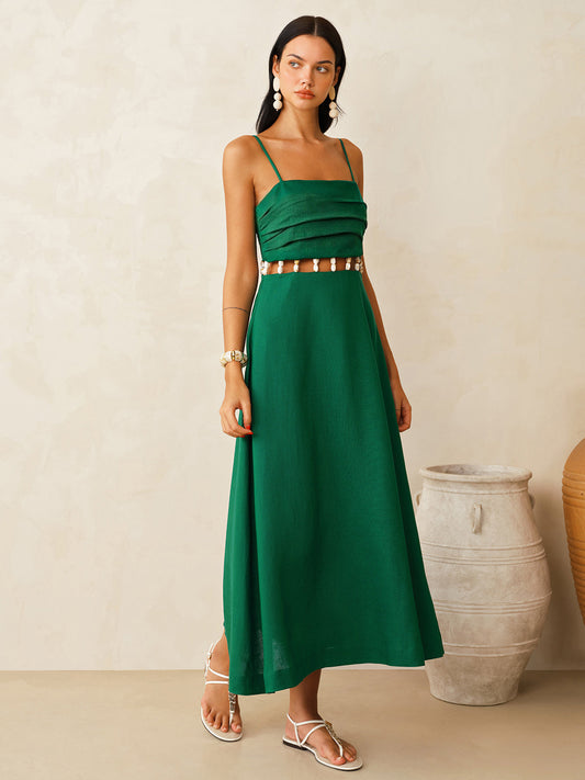 Linen-Blend Cutout Waist Cami Midi Dress