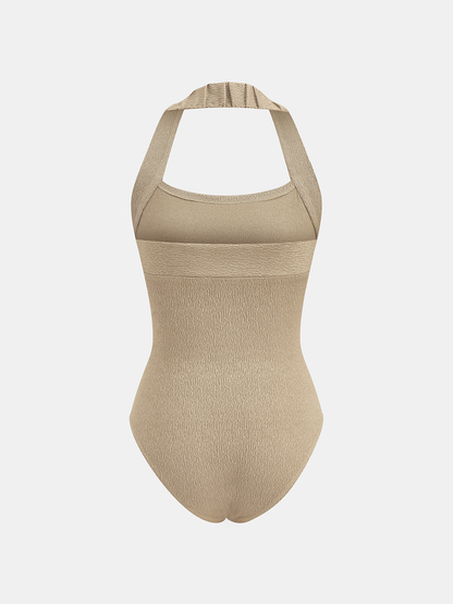 Crinkle Texture Halter Neck Sleeveless Bodysuit