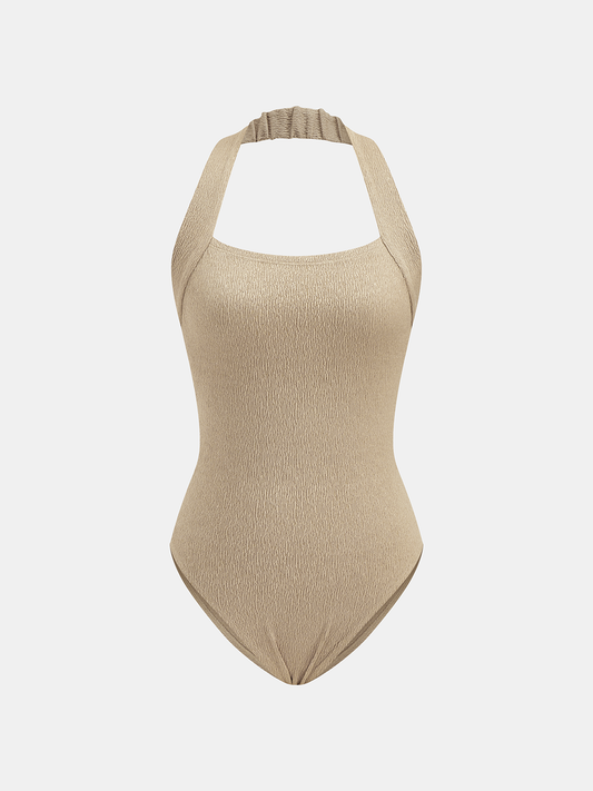 Crinkle Texture Halter Neck Sleeveless Bodysuit