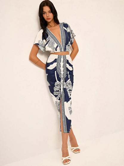 Printed V-Neck Top & Ruched Midi Skirt Set