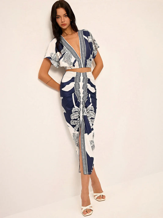 Printed V-Neck Top & Ruched Midi Skirt Set